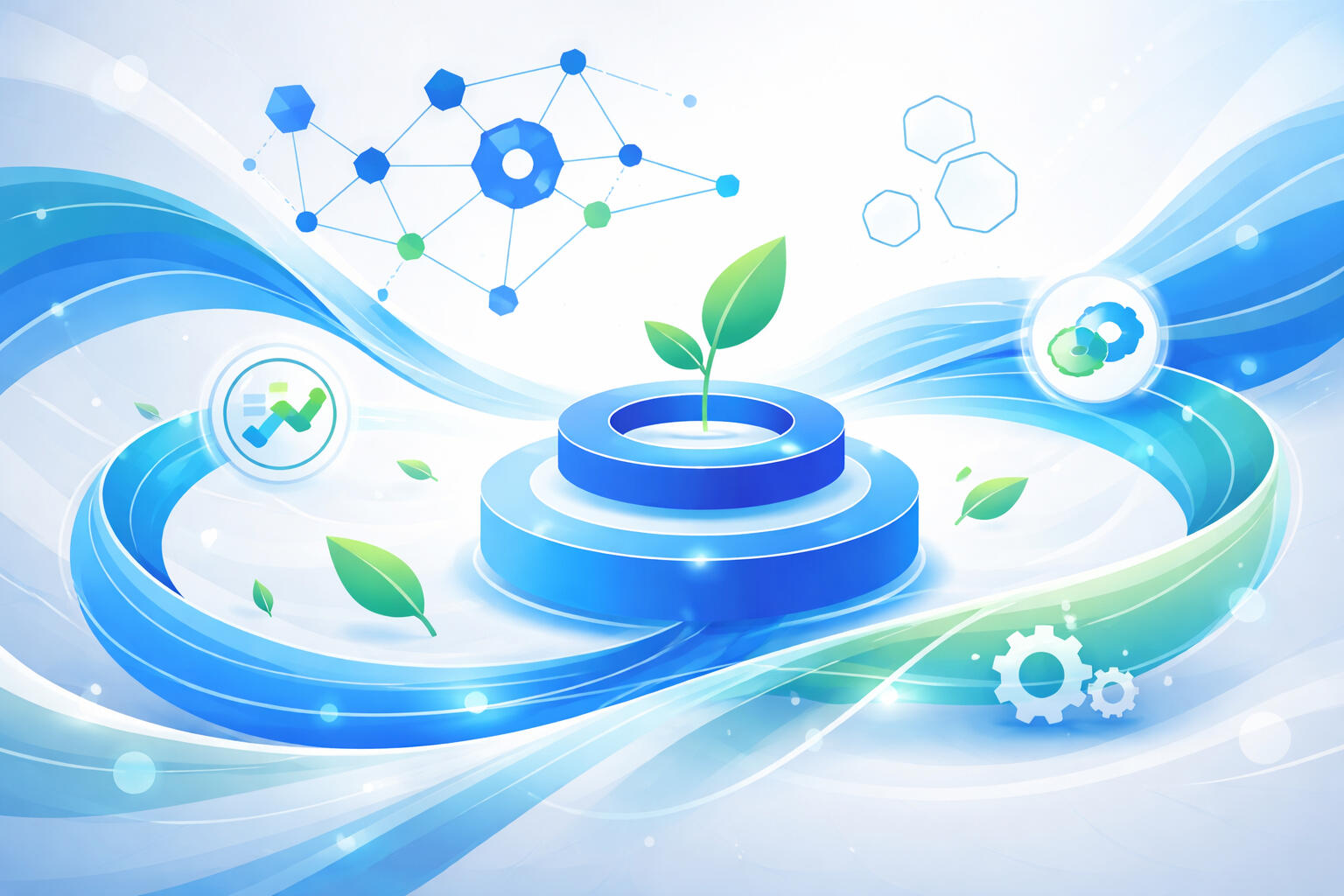 Hero Abstract digital illustration symbolising process management, business architecture, and sustainable digital transformation with blue waves, interconnected networks, and green leaves.